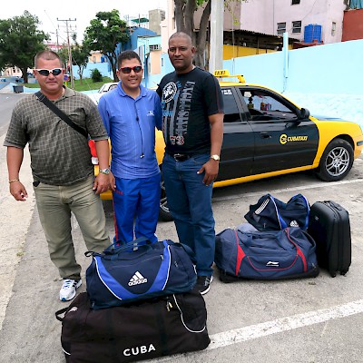 Cuban baseball umpires arriving at Estadio Latinoamericano (Latin American Sta.dium)