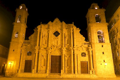 Night shot of Our Lady of Immaculate Conception Cathedral where Obama met with Cardinal Jamie Ortega