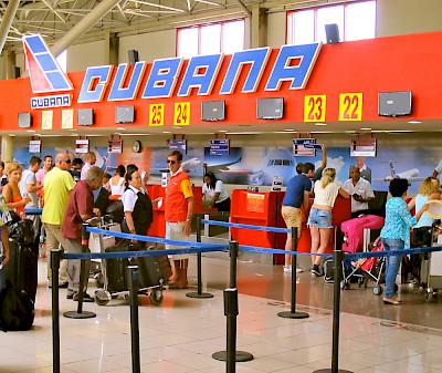 Interior of the Jose Marti International Airport.  Air Cubana ticket counter.