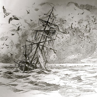 Sketch of the Invincible depicting its final destruction by the forces of nature.